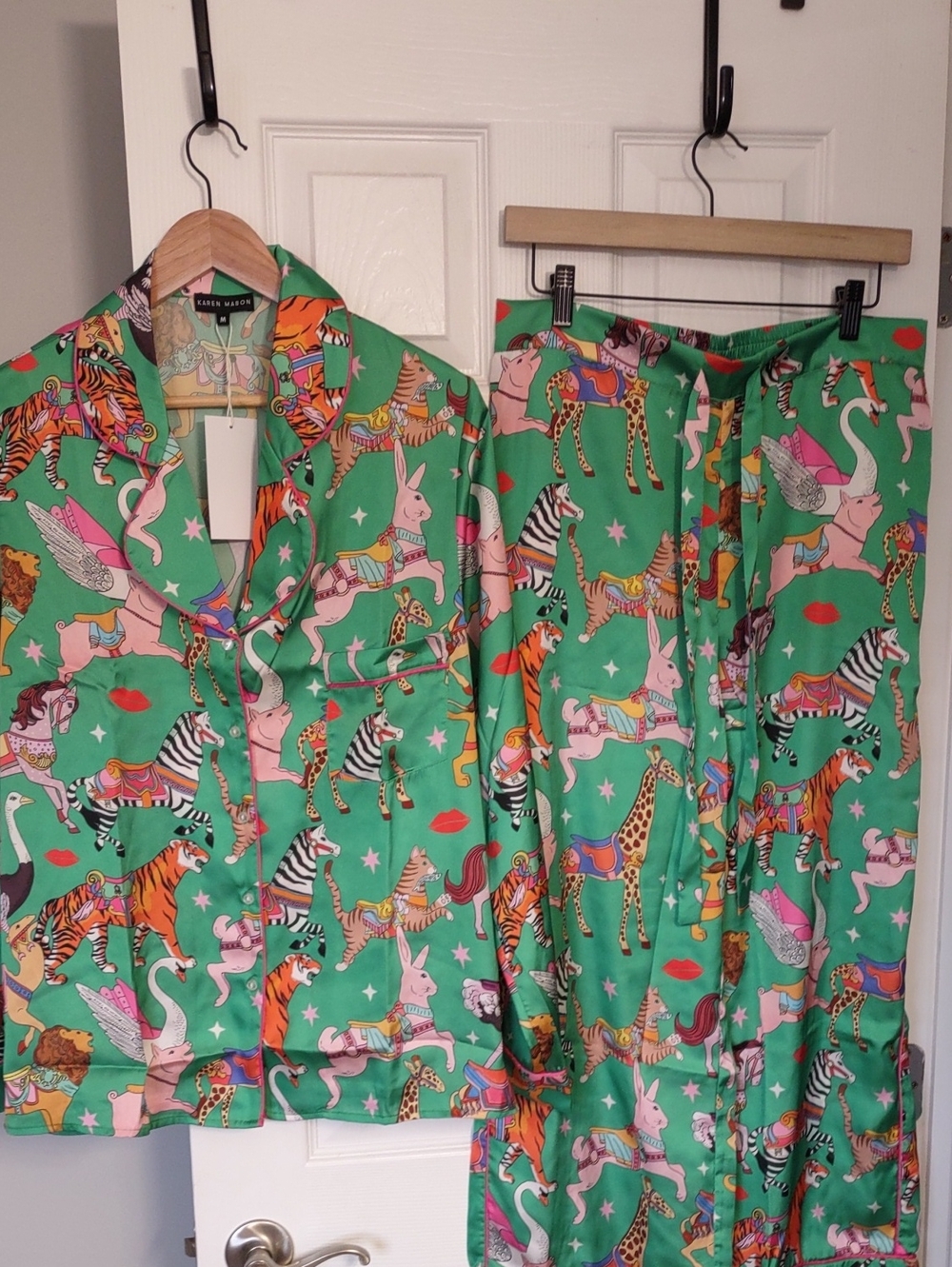 Karen Mabon Carousel Satin Pajama Set Medium M Whimsical Luxury Sleepwear.NWTS